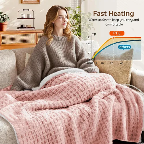 Miniatura 4 de Manta Térmica Waffle de 50"x60" – Manta Eléctrica Pink Blush con 6 Niveles de Calor y 4 Configuraciones de Temporizador, Piel Sintética y Sherpa