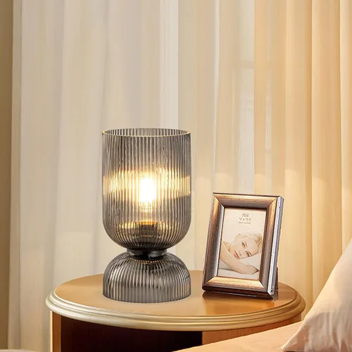Miniatura 3 de Lámpara de mesa moderna, lámpara de vidrio de mediados de siglo con pantalla de vidrio gris ahumado, lámpara de cabecera con interruptor