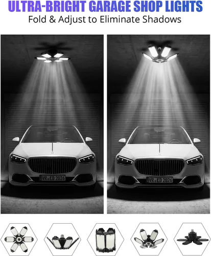 Miniatura 3 de Tudoccy Luces de garaje, paquete de 2 luces LED de techo de garaje de 34000 lúmenes, 6500 K, luz LED para tienda, 6 paneles ajustables, bombilla