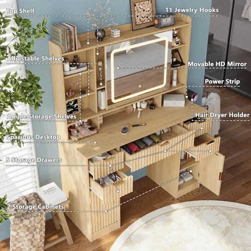 Miniatura 3 de Escritorio de tocador acanalado de 43.3 pulgadas con espejo y luces, escritorio de maquillaje de madera con estación de carga y espejo móvil, Roble