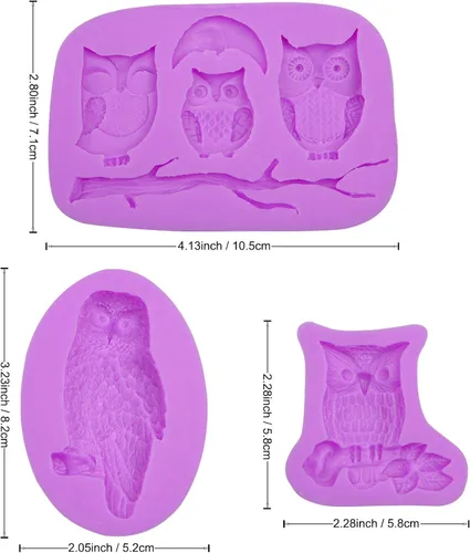 Miniatura 2 de Moldes de silicona de búho para manualidades, juego de 3 piezas, múltiples diseños con patrón de ramas, moldes de fondant para decoración