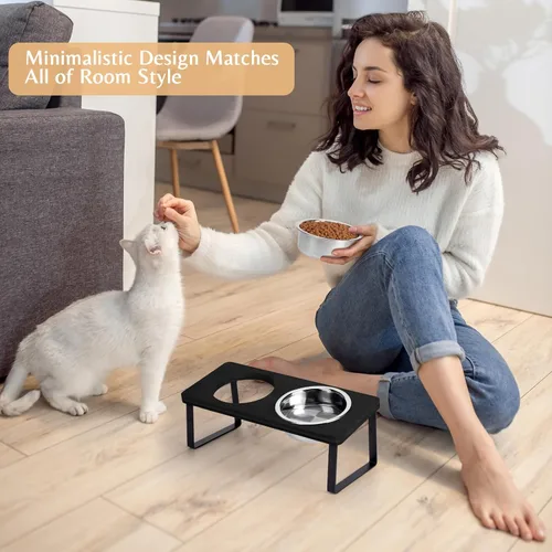Miniatura 7 de Tazones elevados para comida y agua para gatos – Tazón elevado de acero inoxidable inclinado en 15° con soporte de bambú negro y estación