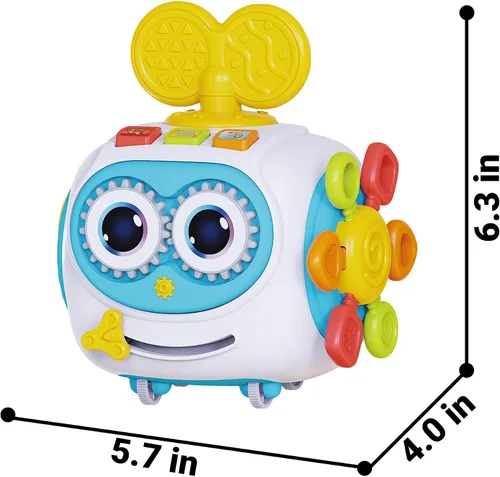 Miniatura 7 de MoraBaby Cubo musical de robot para niños pequeños de 1 a 3 años, cubo de actividades Montessori 6 en 1 con luces y sonidos, ruedas para el tiempo