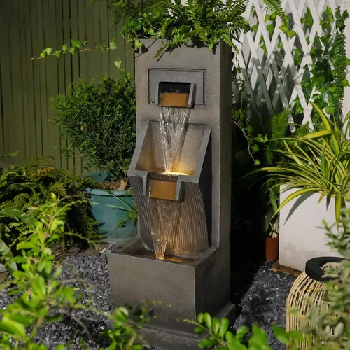 Miniatura 3 de Fuente de agua moderna de 3 niveles para interior/exterior de 35" de alto con luces LED y bomba, cascada en cascada independiente al aire libre