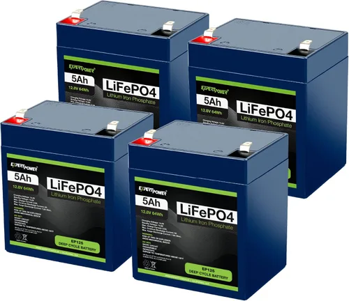 Paquete de 4 baterías recargables ExpertPower LiFePO4 de litio de 12 V 5 Ah de ciclo profundo | 2500-7000 ciclos de vida y 10 años de vida útil |