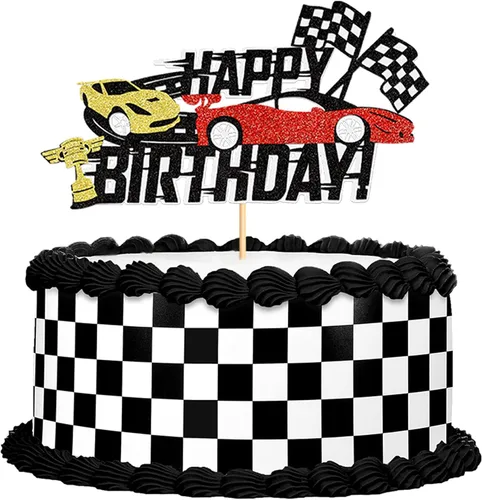 Miniatura 13 de Fast One - Decoración para pastel de primer cumpleaños, decoración de pastel de carreras con purpurina y temática de bandera a cuadros, suministros