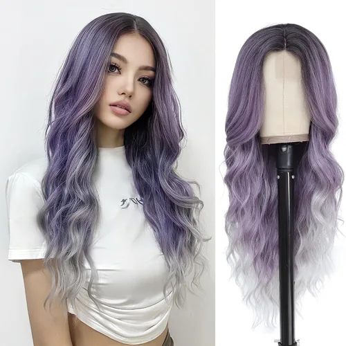 Miniatura 26 de NAYOO Peluca negra ondulada de 26 pulgadas de largo para mujer, peluca sintética de aspecto natural, fibra resistente al calor, suave y ligera, Negro