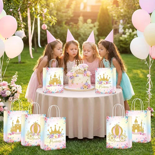 Miniatura 6 de Sepamoon 24 bolsas de recuerdos de fiesta con temática de princesa príncipe, corona, castillo, con asas, incluye 3 estilos de bolsas de dulces