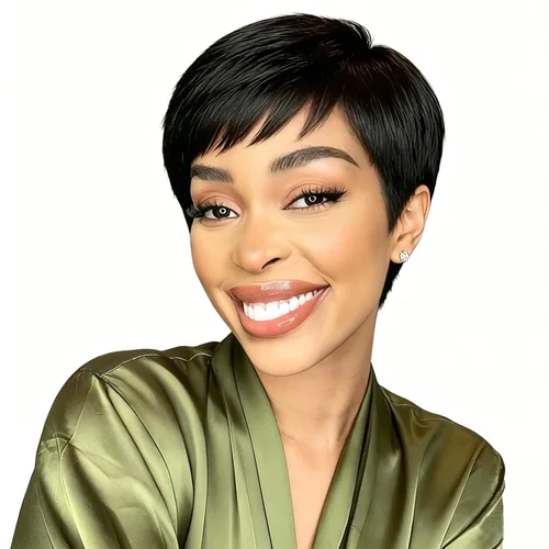Peluca de cabello humano con corte Pixie para mujeres negras, 100% cabello humano real, peluca corta y recta sin pegamento con flequillo, hecha a