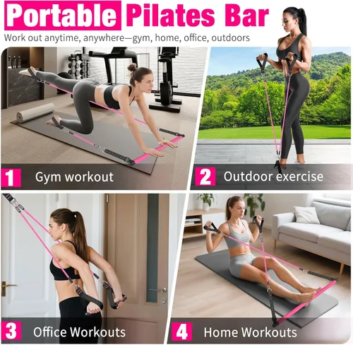 Miniatura 5 de Kit de barra de pilates Bbtops con bandas de resistencia, barra de pilates con bandas apilables, equipo de entrenamiento para piernas, cadera, Rosa