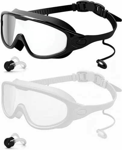 Swim Goggles 2 Pack, Wide View Anti Fog&UV Swimming Goggles for Audlt, No Leak Pool Beach Essentials for Men Women Transparente Negro y Blanco