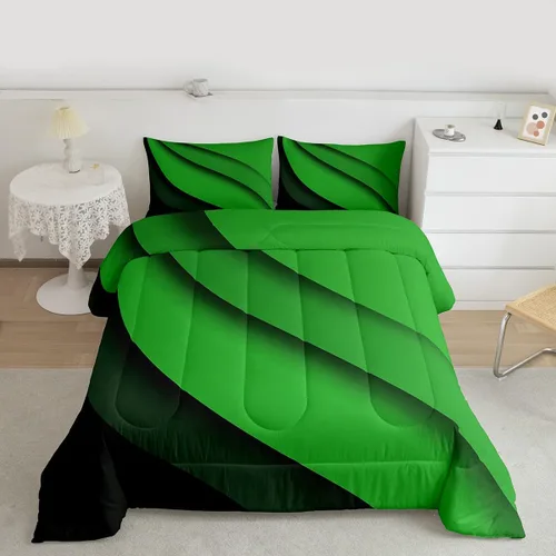 Miniatura 9 de jejeloiu Juego de edredón abstracto verde, gris y negro, tamaño individual, juego de ropa de cama de arte geométrico moderno, edredón rectangular