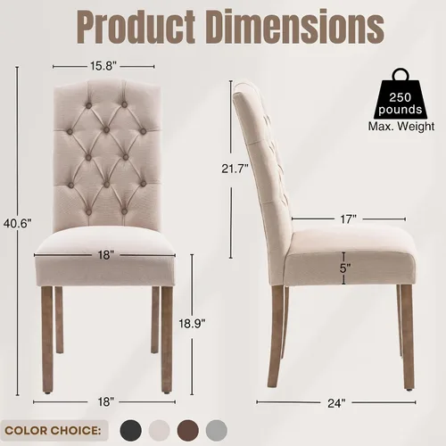 Miniatura 2 de Juego de sillas de comedor Parsons tapizadas copetudas, decoración de comedor de tela, elegante y moderna, para cocina, sala de estar con botones