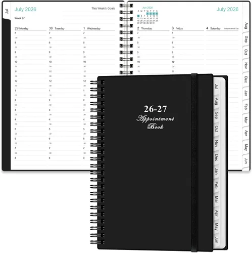 Agenda diaria por hora 2026-2027 de julio de 2026 a junio de 2027, 12 pestañas mensuales, bolsillo interior, 6.4 x 8.5 pulgadas, color negro