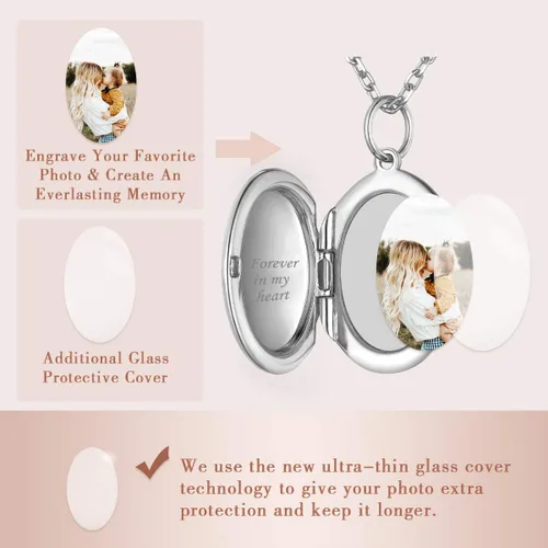 Miniatura 4 de ChicSilver Collar con colgante de medallón ovalado personalizado, plata de ley 925, chapado en oro de 18 quilates, collar de foto personalizado