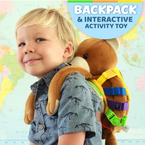 Miniatura 2 de Buckle Toys Billy Bear - Mochila Montessori para niños pequeños con hebillas y actividades de aprendizaje, animal de peluche para habilidades