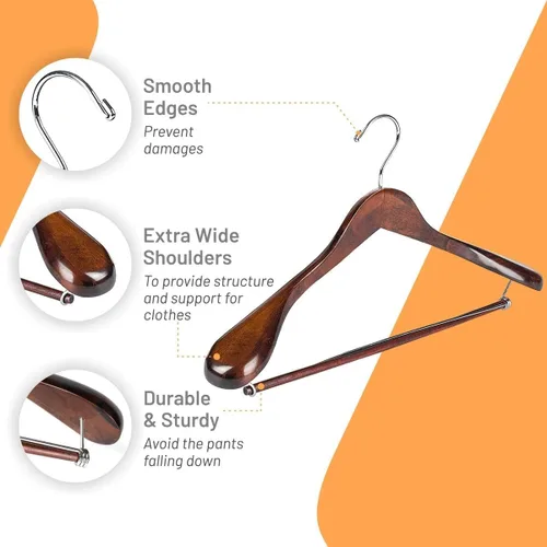 Miniatura 3 de DEILSY - Perchas de madera para hombros anchos con barra antideslizante para pantalones y gancho giratorio de 360° - Perchas de acabado liso