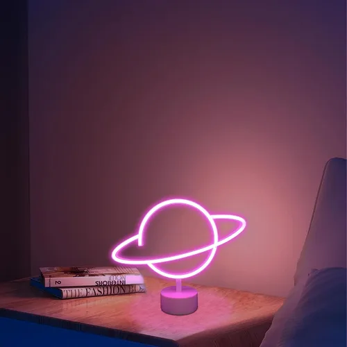 Miniatura 3 de ENUOLI Letreros de luz de neón de planeta rosa, luces de noche LED con pedestal, decoración de habitación, batería/operación USB, letreros de neón