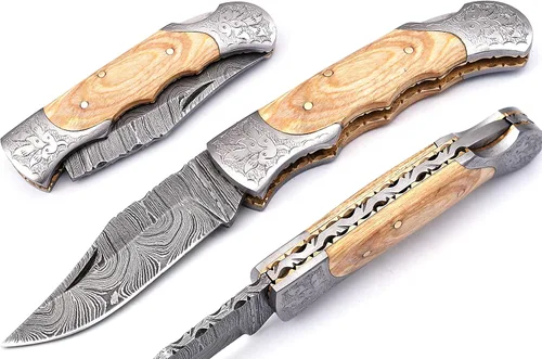 Hand made Damascus steel blade Pocket knife with leather sheath 5170, knives for men best gift (Brown)