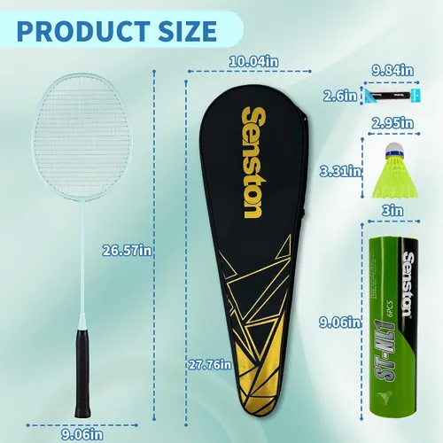 Miniatura 7 de Senston Juego de 4 raquetas de bádminton profesionales, fibra de carbono, 6 volantes, 4 agarres y bolsa para juegos de patio trasero 3.17 oz