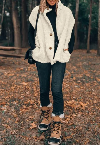 Miniatura 62 de Hongqizo - Chaleco de forro polar mullido para mujer, casual, de gran tamaño, cálido, con botones, chaqueta de sherpa con bolsillos