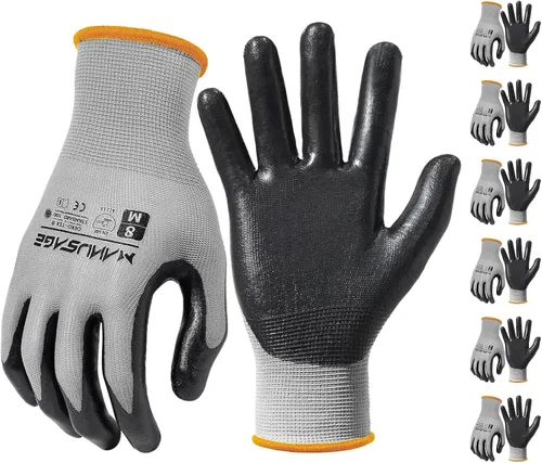 Miniatura 10 de MANUSAGE Guantes de trabajo de nitrilo, ajuste elástico cómodo 3D, agarre potente, pantalla táctil, revestimiento de espuma duradera, flexibles