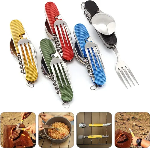 Miniatura 6 de Juego de cubiertos multifunción 6 en 1 para acampar, cuchara desmontable, tenedor, cuchillo, kit combinado con bolsa de transporte