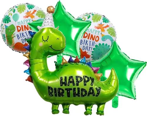Miniatura 5 de 5 globos de dinosaurio de 35 pulgadas para decoración de cumpleaños para niños, globos de dinosaurio de papel de aluminio verde para Wild One Baby