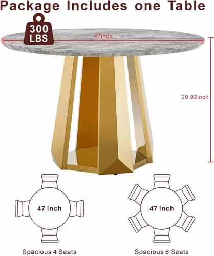 Miniatura 2 de Mesa de comedor redonda de 47 pulgadas, mesa de cocina redonda moderna de mediados de siglo para 4 a 6 personas, mesa de mármol sintético de alto