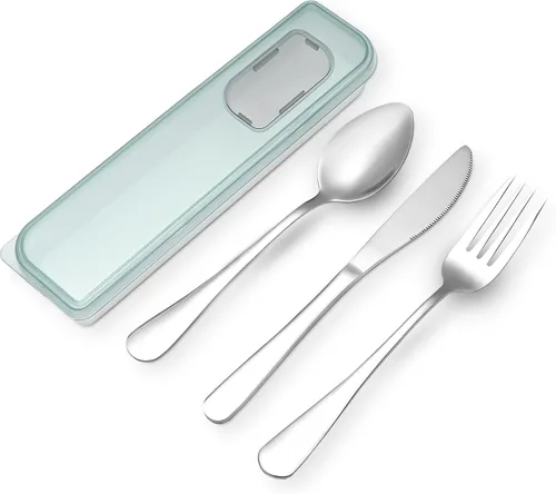 Miniatura 9 de Utensilios de viaje con estuche, juego de 4 cuchillos de acero inoxidable, cucharas y tenedores, juego de cubiertos reutilizables para camping