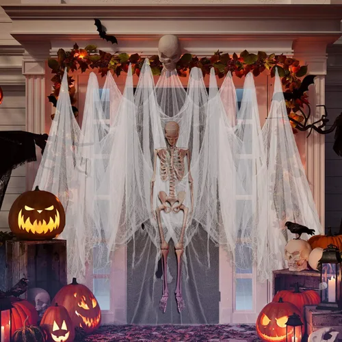 Miniatura 5 de Whaline Tela espeluznante blanca de Halloween de 197 x 87 pulgadas, ropa de gasa espeluznante, decoración de Halloween para casas embrujadas