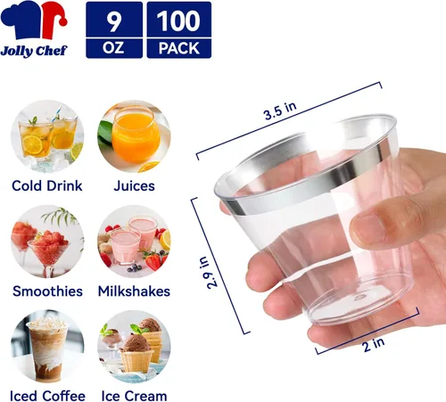 Miniatura 2 de JOLLY CHEF Paquete de 100 vasos de plástico plateado, vasos de plástico transparente de 9 onzas, elegantes vasos con borde plateado, vasos