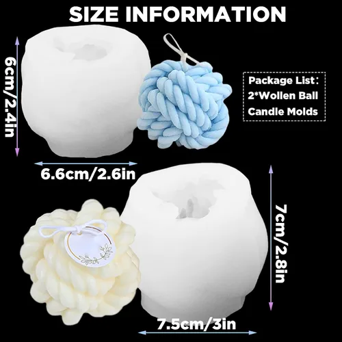 Miniatura 2 de Paquete de 2 moldes de silicona para velas, molde de bola de lana gruesa 3D y molde de bola de lana fina, molde de fondant con diseño de bola