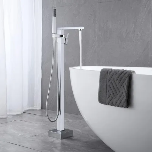 Miniatura 3 de Wowkk Grifo de Bañera Independiente Grifo de Llenado de Bañera Cromado Montaje en Piso Grifo de Baño de Latón Manija Única con Ducha de Mano Cromo
