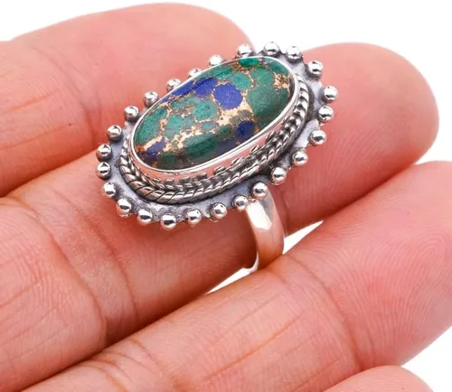Miniatura 3 de StarGems Calcedonia de cobre natural hecho a mano 925 anillo de plata esterlina 8 F1182, Gema, Jaspe