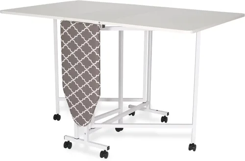Arrow Millie Mesa de cortar plegable con tabla de planchar - Estación de trabajo de costura y manualidades con estantes de almacenamiento