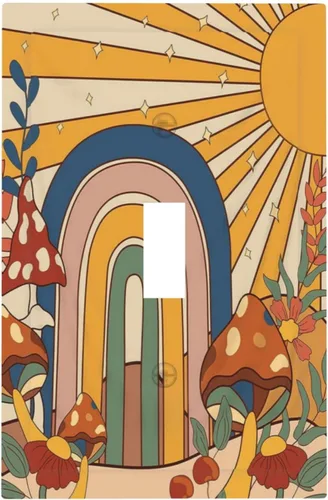 Cubiertas de interruptor de luz de palanca simple de los años 70, estilo bohemio vintage con sol, arcoíris, retro, hongo, floral, de 1 gang, placas