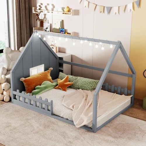 Miniatura 7 de Polibi Cama de casa de tamaño completo, marco de cama de piso de madera con ventana y valla para niños, gris