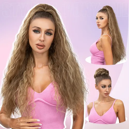 Miniatura 6 de Extensión de cola de caballo con cordón de 26 pulgadas de largo, esponjoso, ondulado, para mujeres negras, extensiones de cabello rizado para uso