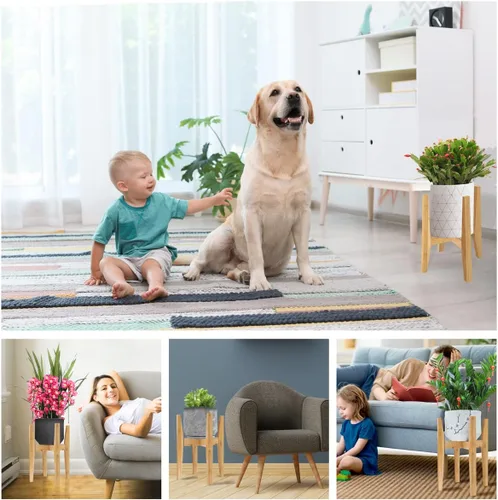 Miniatura 6 de OERGKE Soporte ajustable para plantas de interior, soportes de bambú modernos de mediados de siglo, soporte de flores de esquina para sala de estar