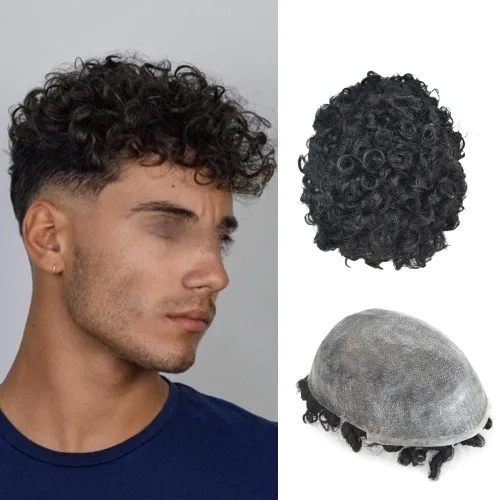 Miniatura 9 de Afro Toupee para hombres Unidades de cabello humano real para hombres negros inyectado PU Toupee afroamericano para hombre postizo rizado sistema