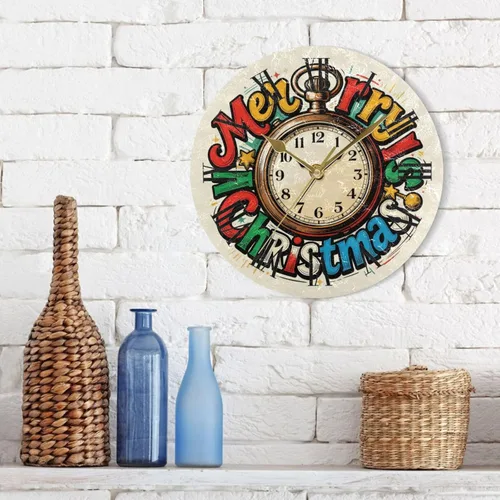 Miniatura 3 de Feliz Navidad Vintage reloj de bolsillo 10 pulgadas redondo montado en la pared reloj silencioso creativo para aula dormitorio reloj de pared