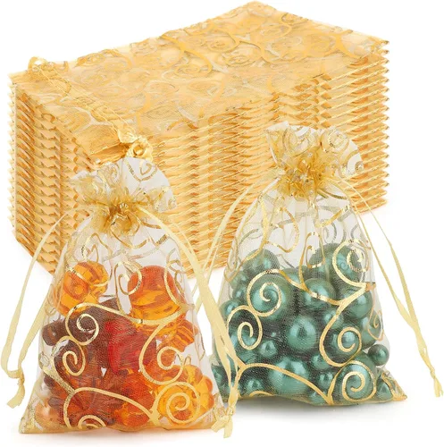 Bolsas de organza doradas, 50 bolsas de organza transparente, bolsa de malla dorada con cordón de 3 x 4 pulgadas, bolsas de regalo impresas de ratán