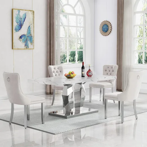 Miniatura 19 de Moderno juego de mesa de comedor de mármol sintético de 68.11 pulgadas para 6, mesa de comedor de mármol blanco y plateado con 6 sillas de Blanco