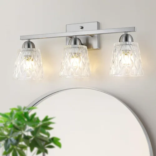 Miniatura 14 de Mecgirn Stainless Steel Bathroom Vanity Light Over Mirror, 1 Light Brushed Gold Bathroom Light Fixtures with Textured Glass Shades, Modern Vanity
