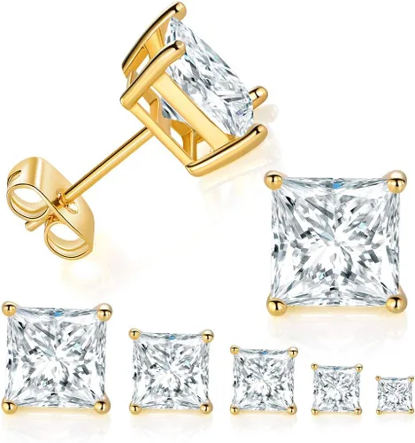 Juego de 5 pares de aretes tipo dormilona chapados en oro amarillo de 14 quilates con circonita cúbica transparente para mujeres y hombres