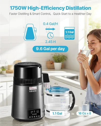Miniatura 2 de VEVOR Destilador de Agua de 1750W, Fabricante de Agua Destilada de 0.4 Gal/H con Garrafa de Vidrio, Máquina Destiladora de Encimera de 4L/1.1 Gal
