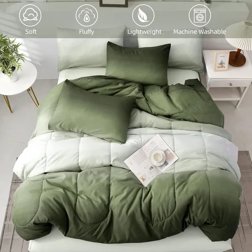 Miniatura 3 de Juego de edredón de 7 piezas color verde oliva para cama King - Juego de cama ligero con gradiente de color verde oscuro en una bolsa, juego de cama