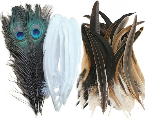 Pluma natural real a granel, 30 unidades, 3 estilos de plumas surtidas, plumas de ganso blanco, plumas de gallo, plumas de pavo real para decoración