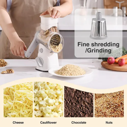 Miniatura 5 de Rallador Giratorio de Queso con Manivela Manual, Mandolina de Cocina Rallador de Verduras y Queso con 3 Cuchillas Intercambiables, Rallador